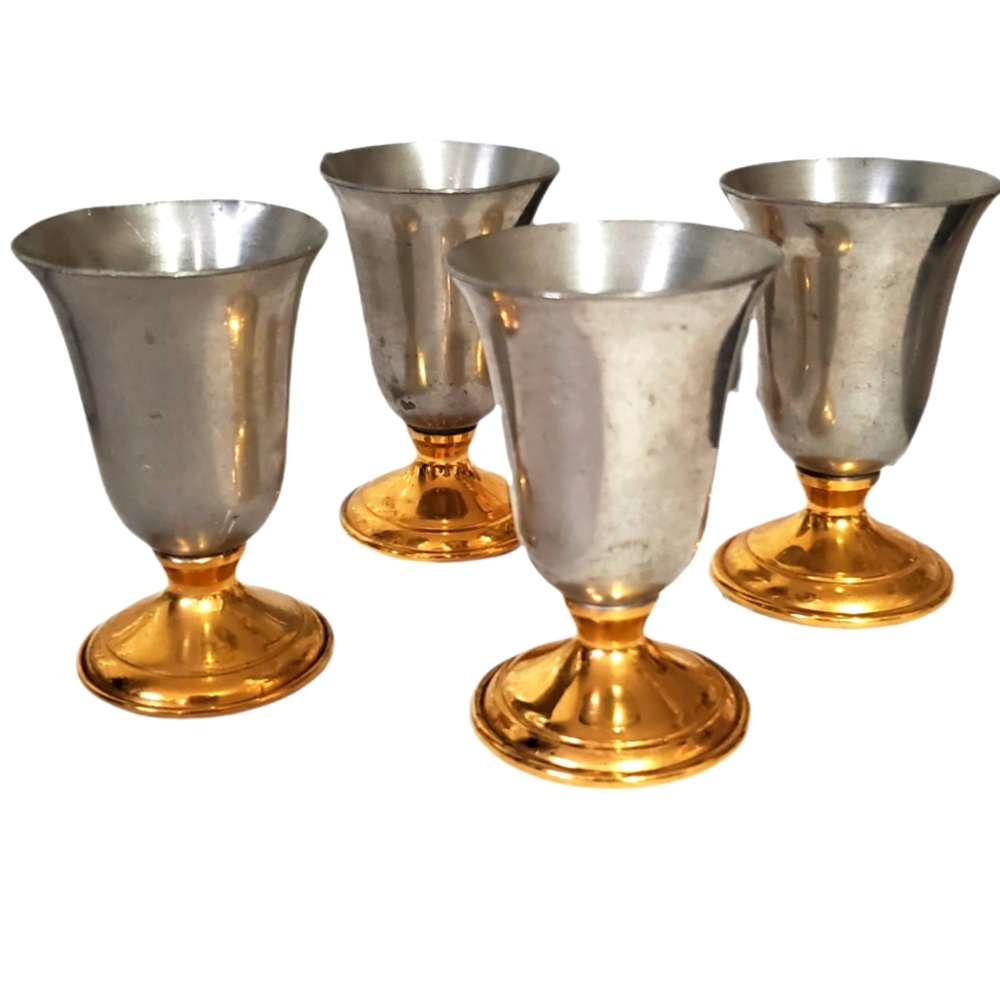 COMMUNION WINE GOBLETS 4 Small 3x2" Pewter Gold Stem & Foot Vintage Toasting Set